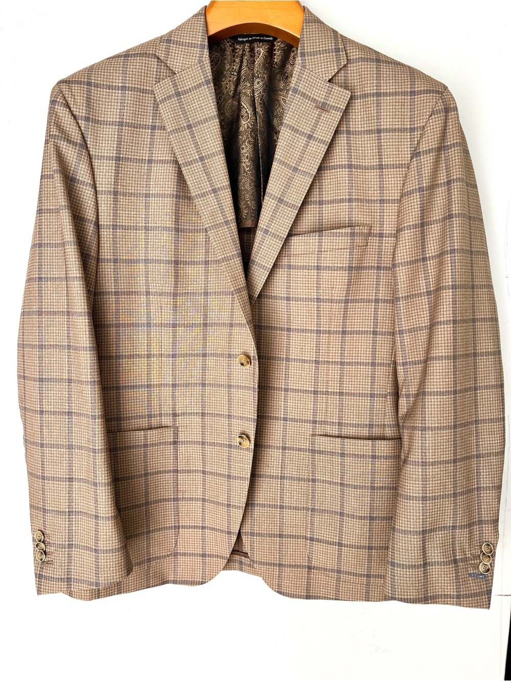 Italian Fabric Custom Men's Beige Plaid Two-Button Blazer